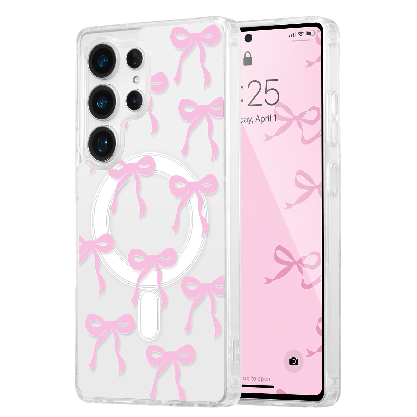 Photo 1 of UEEBAI Magnetic for Samsung Galaxy S22 Ultra Case, Bow Case Compatible with MagSafe, Wireless Slim Clear Ribbon Aesthetic Phone Cover Anti-Yellowing Shockproof Protective Cover for Women Girl - Pink