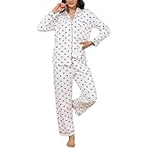 Cotton Pajamas for Women Set, Long Sleeve Button Down Shirts and Pants Sleepwear Cute Pjs 2 Piece Lounge Wear Sets