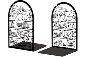 Peacoblue Metal Bookends for Shelves, Modern Decorative Heavy Duty Study Book Support Stoppers for Office, Desk, Shelf, Room 5.3"x4.3"x7.9" Cast Iron Bookends, 1 Pair (Cartoon Dragon and Bookcase)