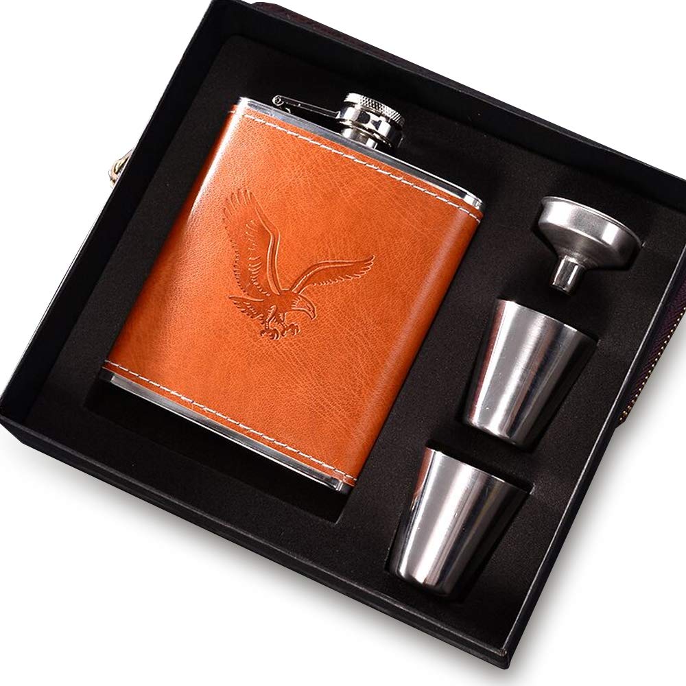 Hip Flask Leather Wrapped Stainless Steel 7oz Perfect for Men Gifts Birthday Anniversary (Brown)