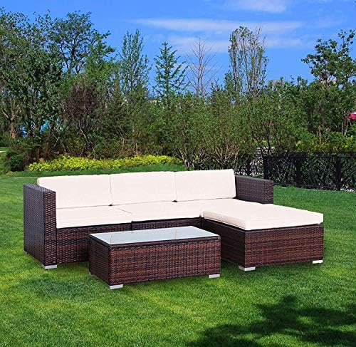YOUKE 5 PCS Patio PE Rattan Wicker Sofa Sectional Furniture Set,Garden Lawn Pool Backyard Outdoor Sofa Wicker Conversation Set White