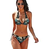 SKT T1 Skull Bikini Set 2 Piece Goth Skull and Rose Swimsuits for Women, Halter Triangle Bathing Suit for Women
