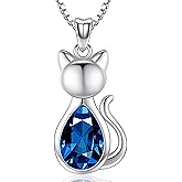 Odinstone Cat Birthstone Necklaces Jewelry Sterling Silver Cat Pendant Necklace Gift for Women Gifts, 18'' Silver Box Chain Women's Birthstone Crystal Cat Jewelry Gifts