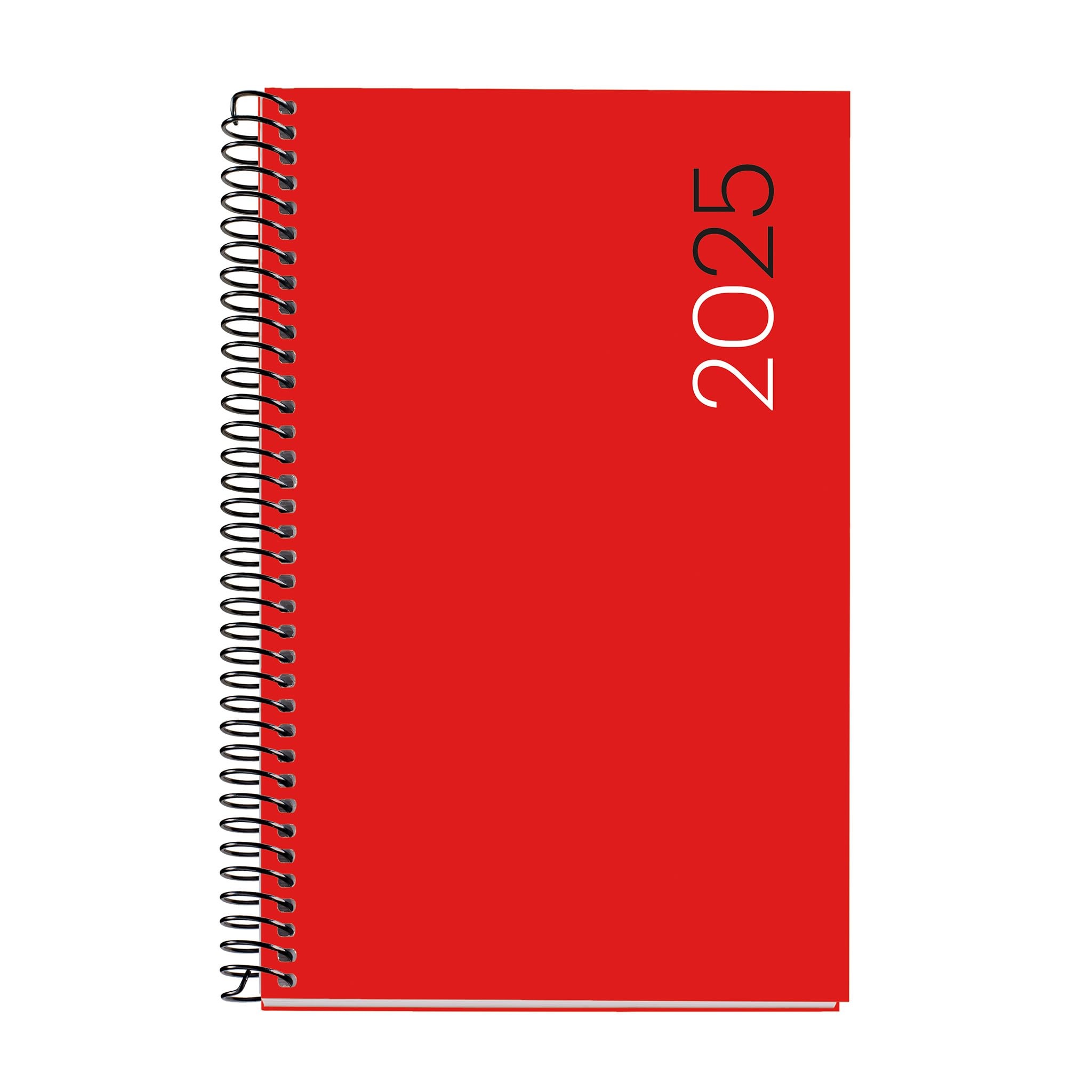 Miquelrius - 2025 Diary, Yearly Diary 117 x 182 mm, Day Page Agenda, Flexible Polypropylene Cover, Spiral, Paper 80 g/m², Spanish, English and Portuguese, Red