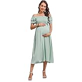 KOJOOIN Womens Maternity Flutter Short Sleeve Square Neck Summer Casual Dress Smocked Boho Maxi Dress Photoshoot Baby Shower