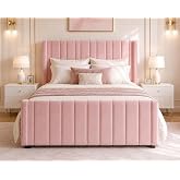 HOMBCK Full Bed Frame with Velvet Headboard, Tufted Wingback, Pink | 47'' Modern Vertical Channel Headboard, Upholstered Platform Bed, No Box Spring Needed, Easy Assembly, Noise Free