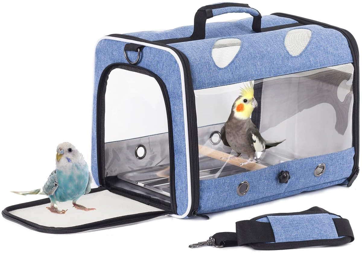Interfashioner® Bird Travel Carrier for Parakeet Parrot Cockatiel Small Birds, Bird Travel Carrier with Metal Tray and Standing Perch (Blue)