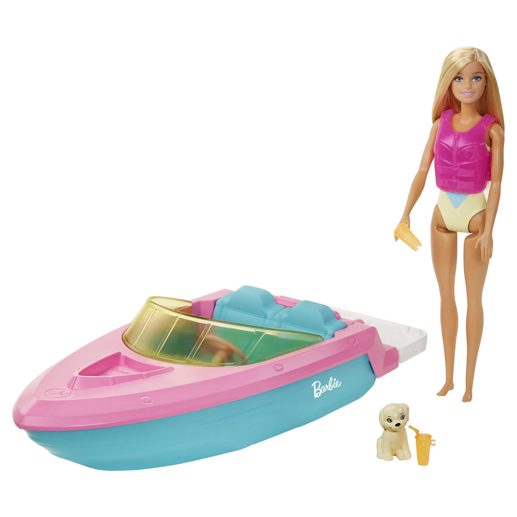 Barbie Doll and Boat Playset with Pet Puppy, Life Vest and Accessories, Fits 3 Dolls & Floats in Water, Gift for 3 to 7 Year Olds, GRG30