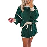 miduo Womens Color Block Casual Long Sleeve Sweatshirt and Drawstring Mini Skirt Matching Sets 2 Piece Skirt Set