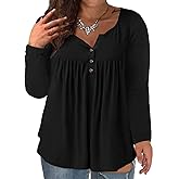 VISLILY Women's Plus Size Henley Shirts Long Sleeve Tops Buttons Up Blouses Pleated Tunics