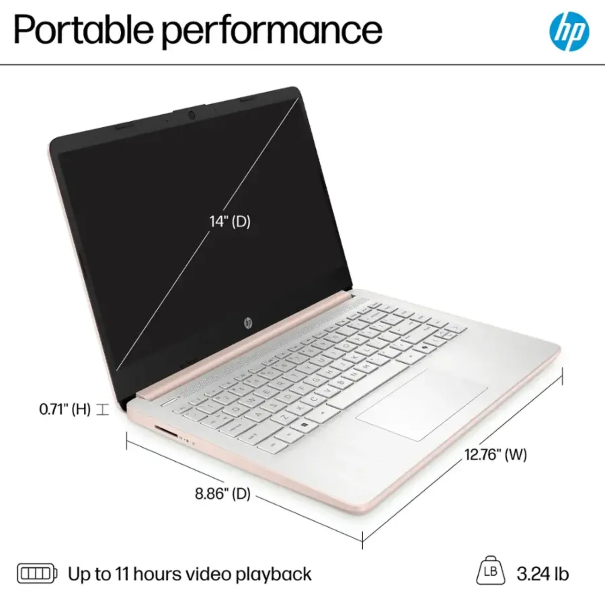 HP Rose Gold Ultrabook 14 Laptop with Free Microsoft 365 • Intel 4-Core CPU • 1.2TB Storage (128GB OnBoard w/ 128GB External + 1TB OneDrive) • 8GB RAM • Windows 11 w/o Earphones