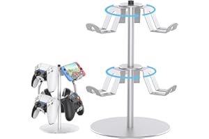 DGPCT Rotating Controller Stand Compatible with Xbox PS5 PS4 Nintendo Switch Pro, 2 Tier Aluminum Headset Holder, Gaming Headphone and Controller Holder Organizer Rack, Universal & Stable (Silver)