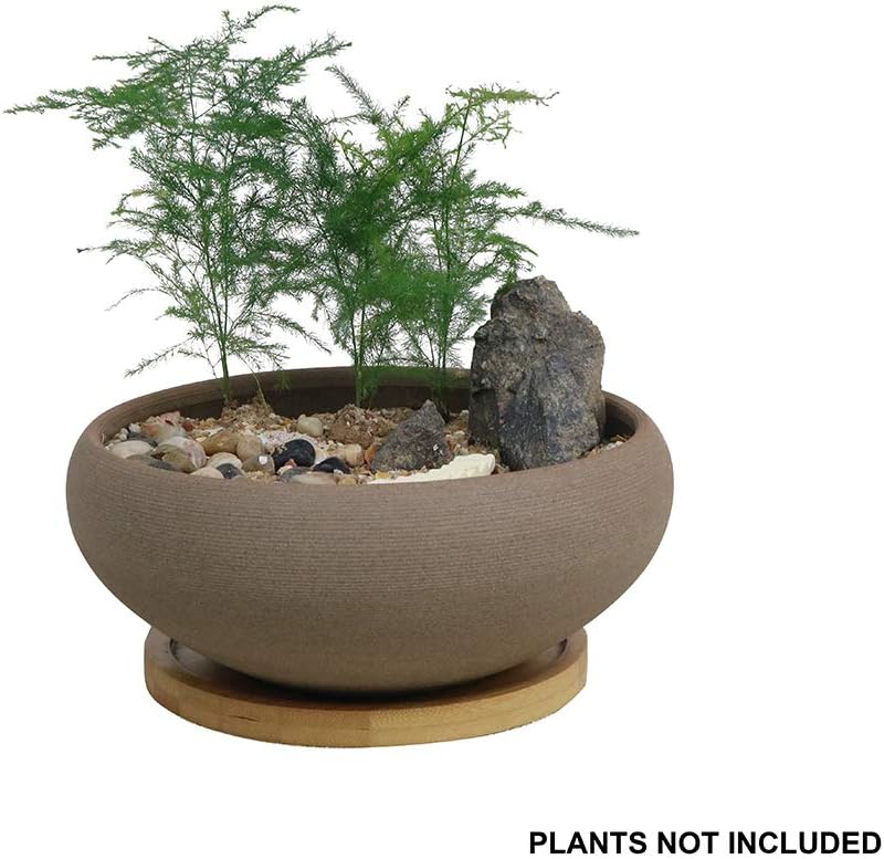 MUZHI Round Unglazed Ceramic Bonsai Pot with Bamboo Tray, Large Rough