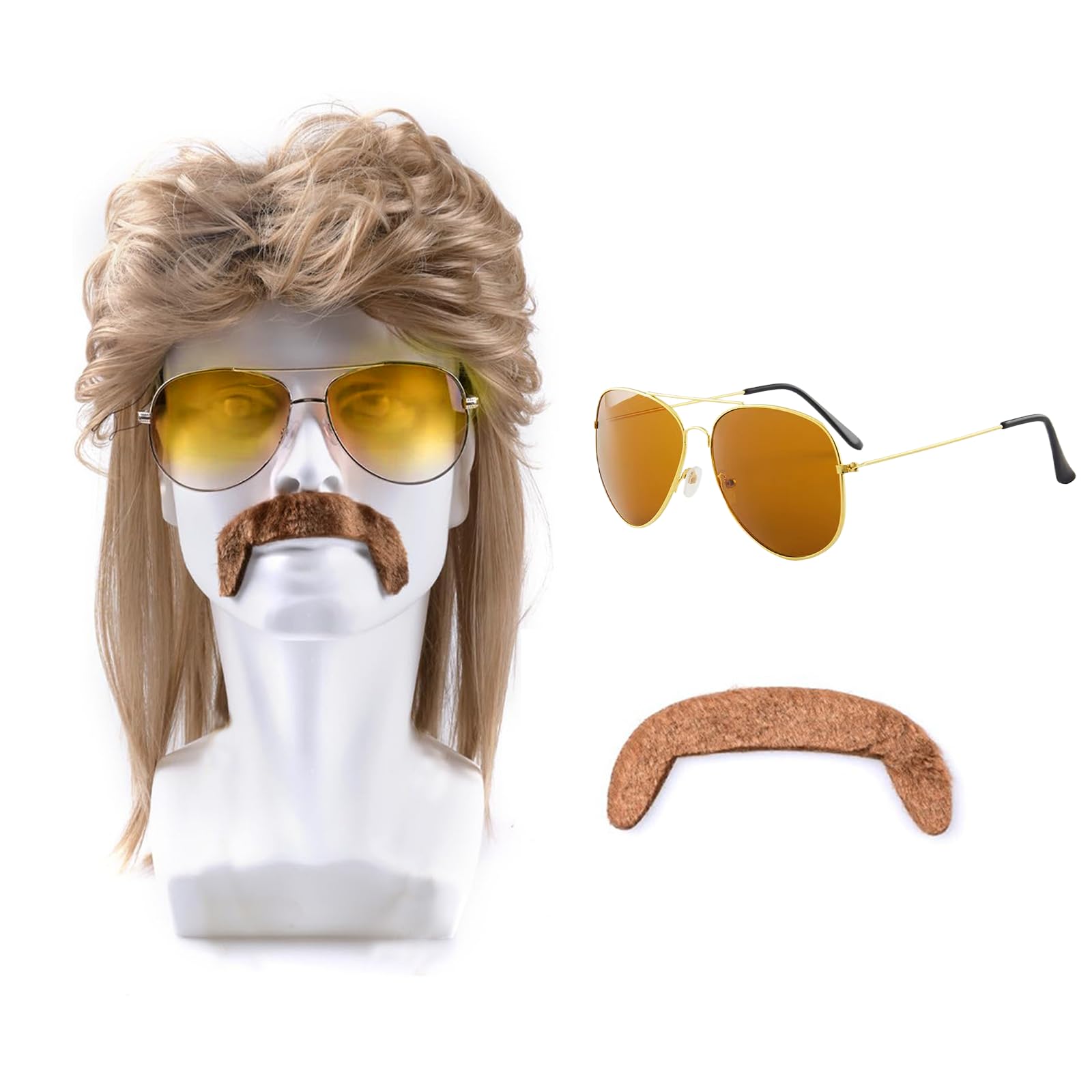 Bettinay Brown Mullet Wigs for Men, 3 Piece Set 70s 80s Mens Wig for Fashion Halloween Costume Fancy Party Accessories