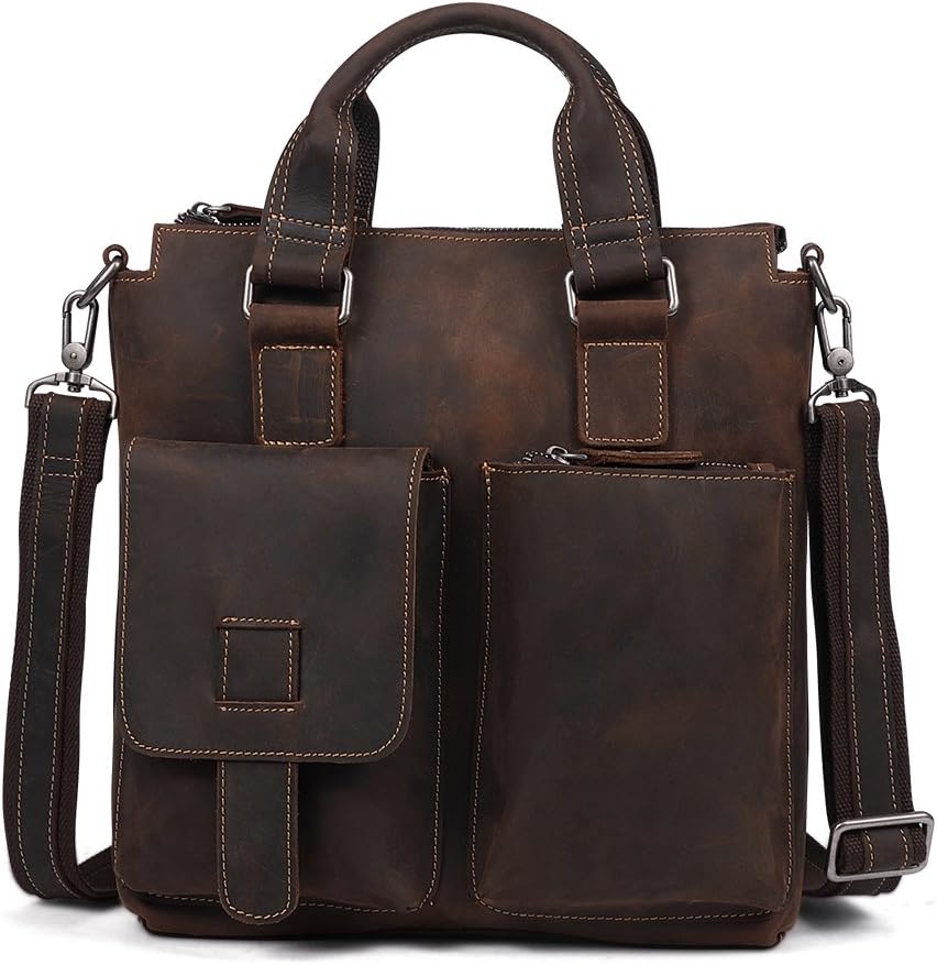 Vintage Crazy Horse Genuine Leather Briefcase Handbag Shoulder Bag for Men (dark brown)