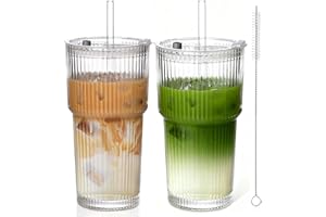 Ribbed Glass Tumblers with Lids and Glass Straws, 20 oz (600ml) Set of 2 Iced Coffee Cups, Reusable Clear Drinking Glasses wi