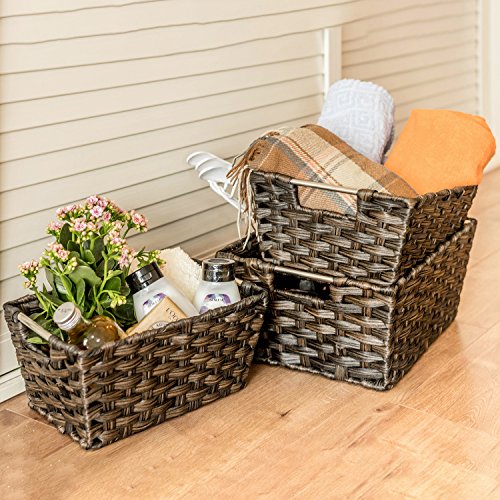 Woven Basket, MaidMAX Set of 3 Rectangular Wicker Rattan Nesting Baskets Storage Bins Containers Organizers Boxes with Handles for Shelves Pantry Bedroom Closet Organization