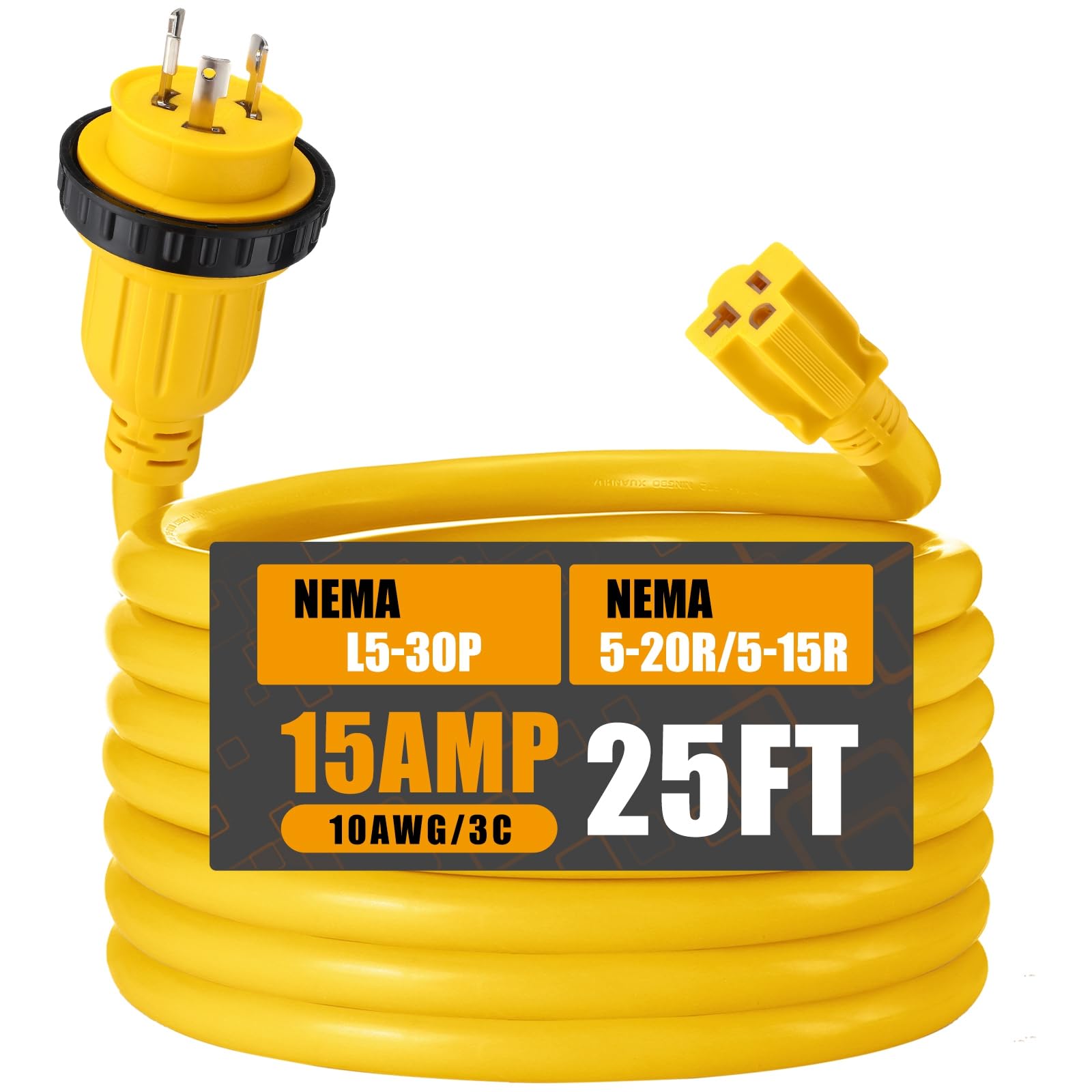 Photo 1 of Kanayu 25FT 30 Amp to 15 Amp Marine Shore Power Adapter Extension Power Cord Compatible with NEMA L5-30P to 5-15/20R 10AWG 30Amp to 20Amp T Blade Marine Plug 125V Household Outlet Pigtail Boat Adapter