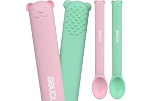 BUNMO MONEE Baby Spoons | Gentle on Gums Silicone Baby Spoon | BPA-Free Dishwasher Safe Baby Utensils 6-12 Months | Baby Spoons Self Feeding 6+ Months | Silicone Feeding Supplies (Pink & Green)