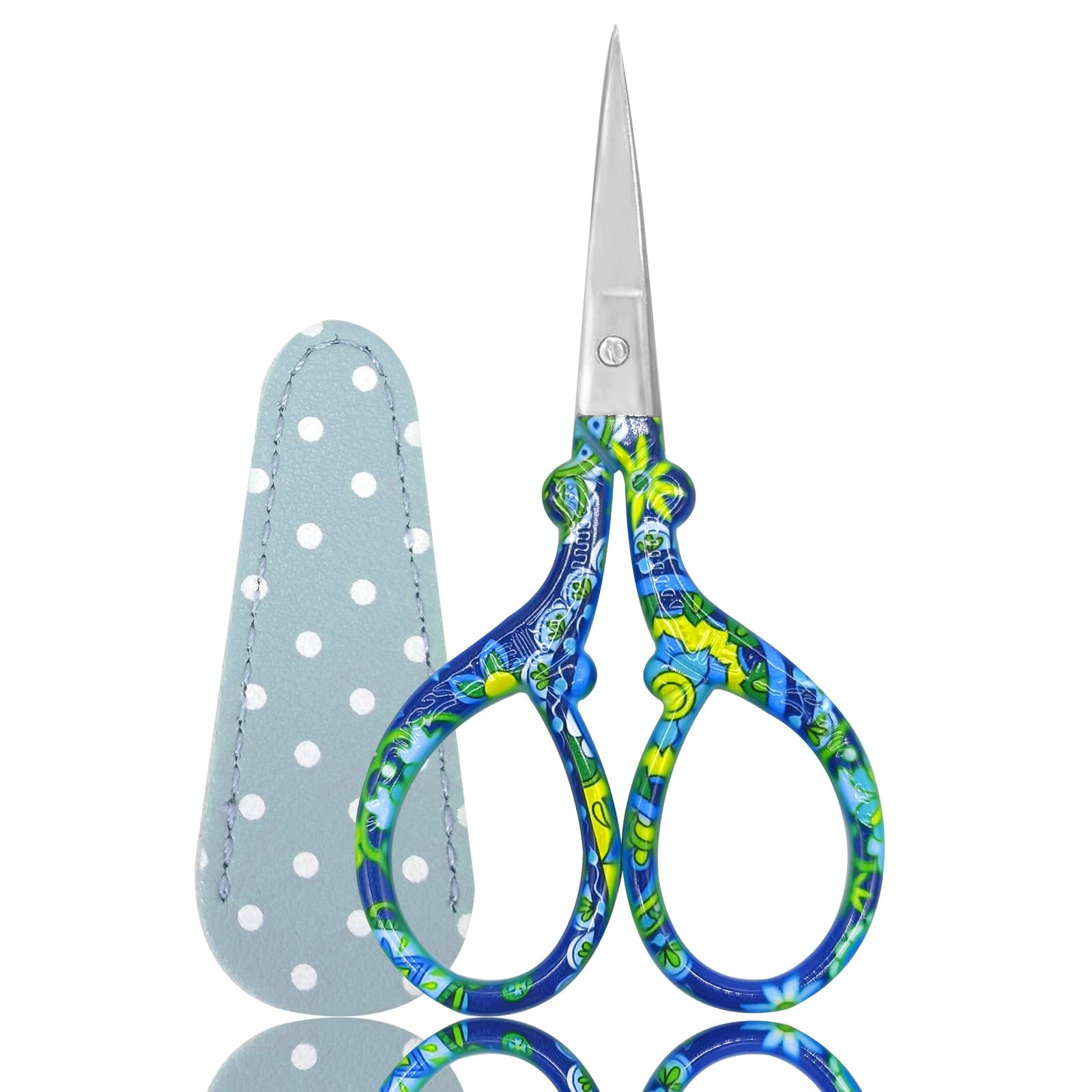 Embroidery Scissors, Small Craft Stainless Steel Scissors for Sewing Threading Needlework Handicraft Trimming 1pcs with Fake Leather Scissors Cover - Blue and White