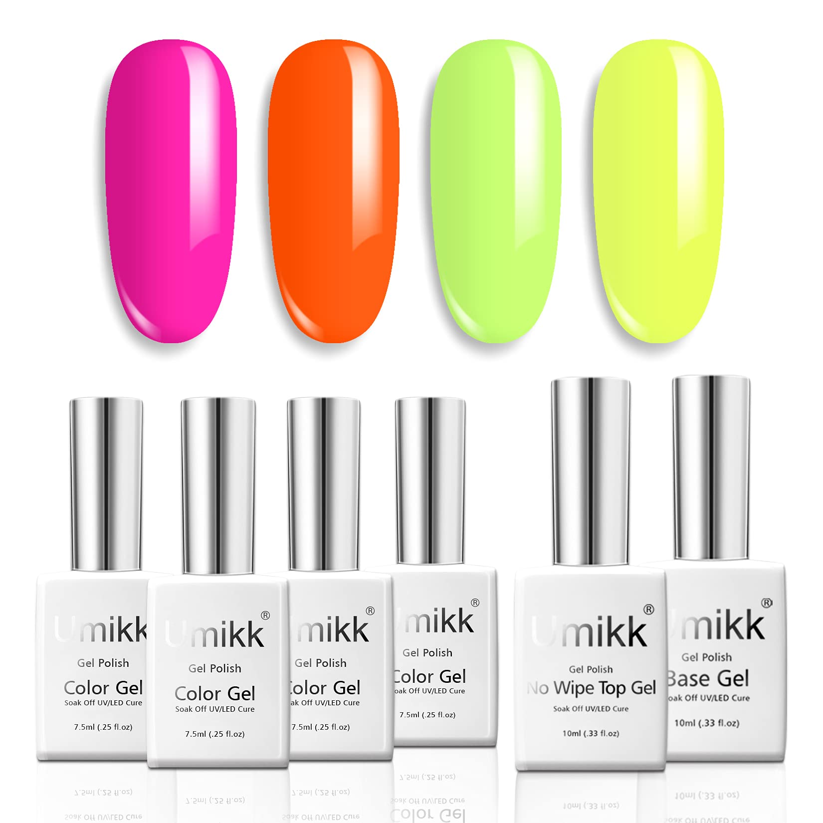 Umikk Gel Nail Polish Neon Colours Set Magenta Orange Green Yellow 7.5 ml Soak Off UV LED Cured