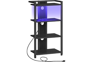 HOOBRO 4-Tier AV Media Stand with Charging Station and LED Light, Wooden Stereo Stand, Rack Audio Tower, Corner TV Stand, Entertainment Device, Black BB38UDCJ01