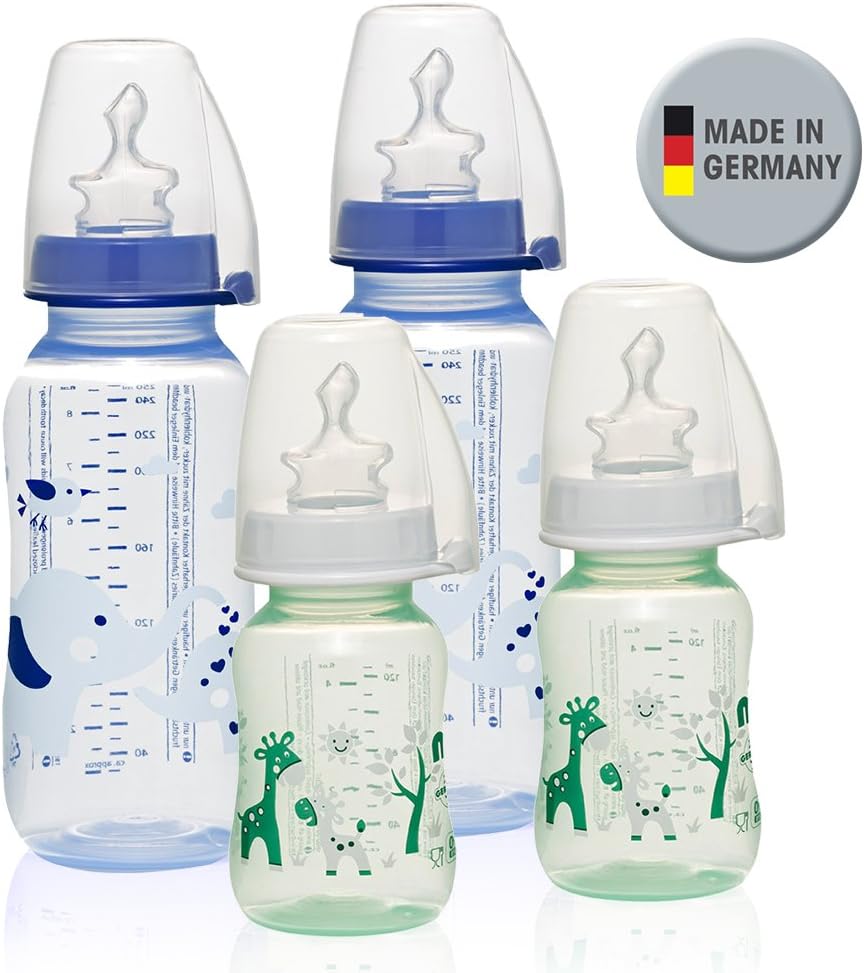 Nip PP Bottle 2 x 250 ml & Boy Baby Bottle Set of 4/2 X 125 ml/Orthodontic Silicone Teat with Anti-Colic Valve Size S & M (Tea and Milk, 0 Months +)/Includes Fastening Plate