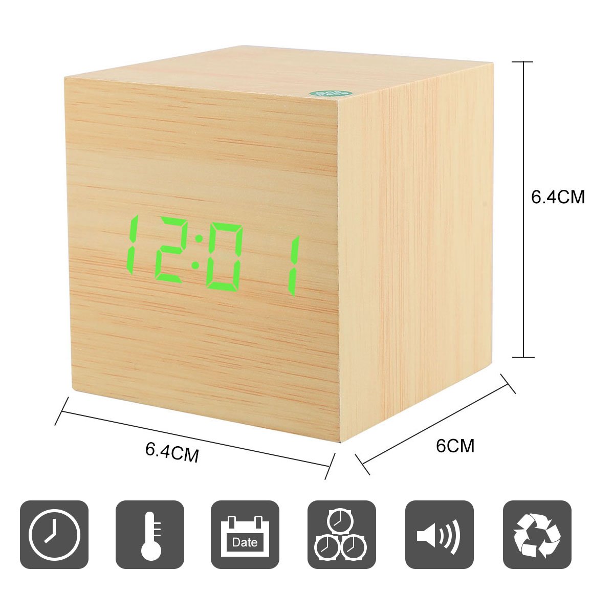 Soyion LED Réveil en Bois Affichage numérique avec Contrôle LED Horloge de Bureau Décorez Votre Maison et le Bureau, Alimenté par USB ou Batterie - Forme Cube (Bois cube & vert mot) (Square)