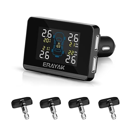 ERAYAK TPMS Reifendruckkontrollsystem Auto Reifendruckmesser System mit 4 Sensor, LCD- Saugnapf, Reifendruck- und Temperatur 