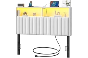 Rolanstar Headboard for Twin Size Bed with Storage, Velvet Upholstered Head Board with USB & Type C Port, 60,000 DIY Color of LED Light Height Adjustable, Sturdy, Easy Assembly, White