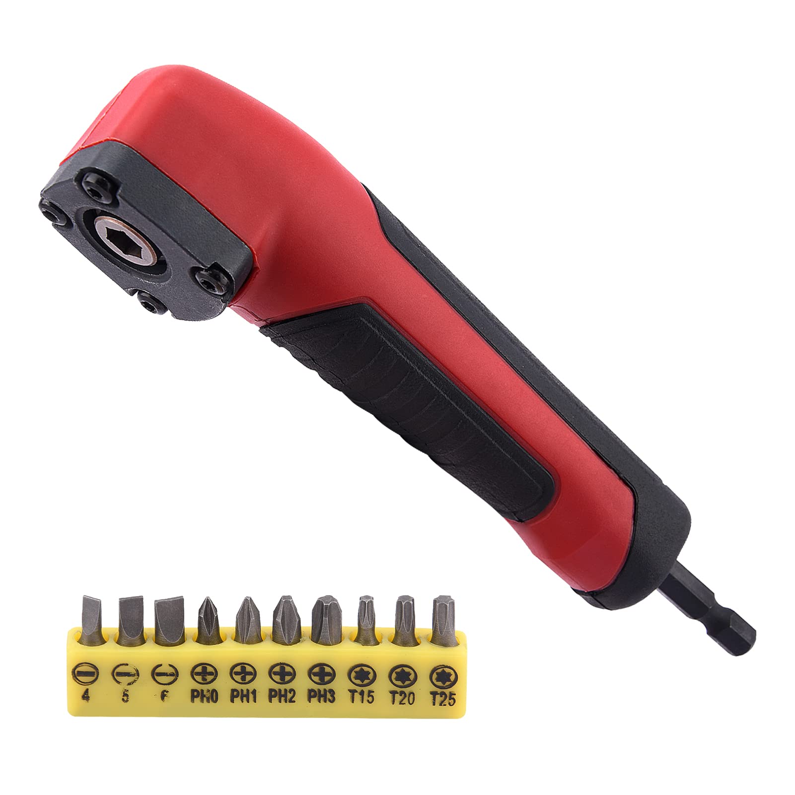 Right Angle Drive Attachment with 10PCS Drill Bits, 1/4 Inch 90° Degree Right Angle Drill Adapter, Right Angle Attachment Extension Drill Attachment for Impact Driver(Red)