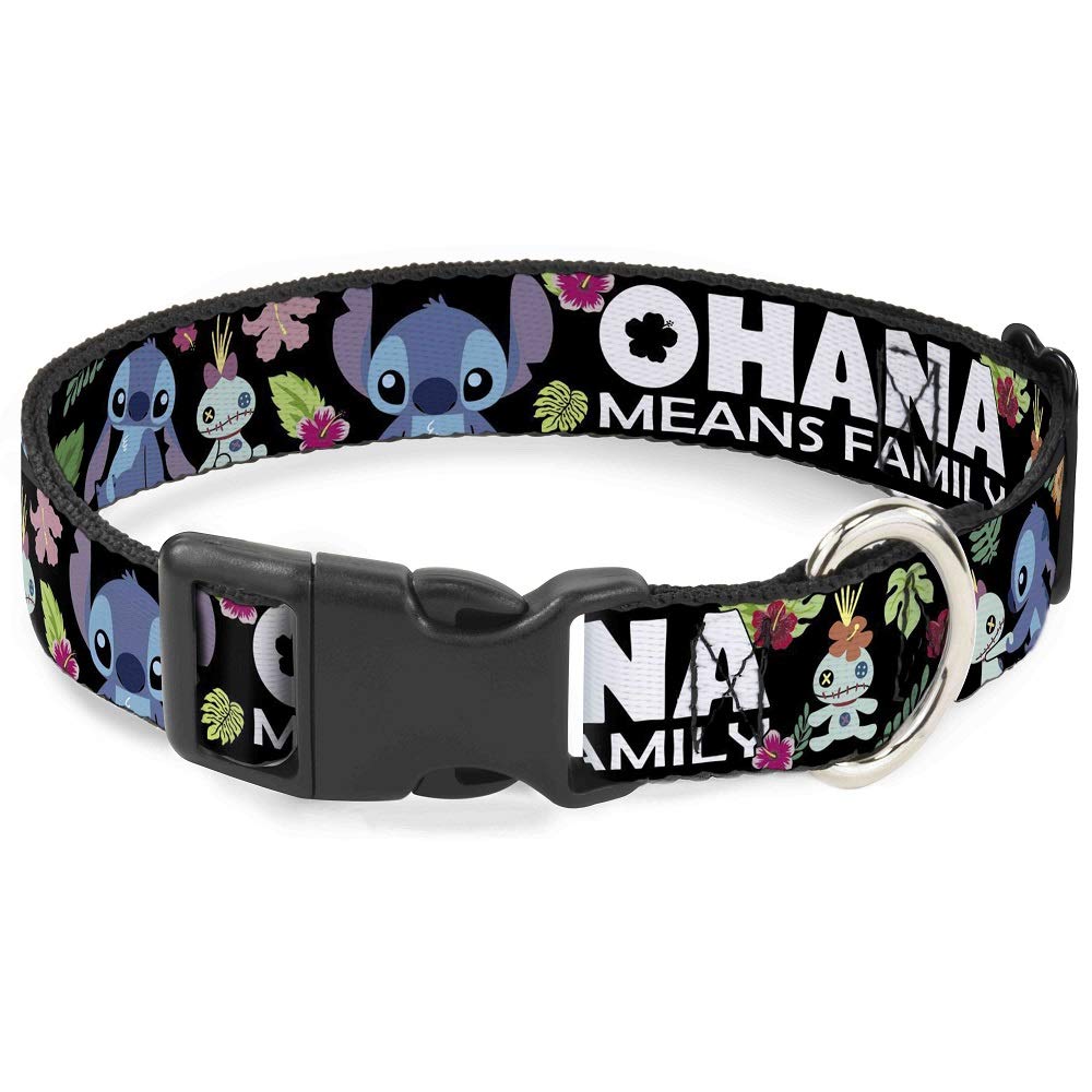 Buckle-Down Ohana Means Family/Stitch & Scrump Poses/Tropical Flora Plastic Clip Collar, Narrow Small/6-9"