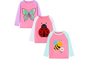 HILEELANG Toddler Girl Long Sleeve Shirt Graphic Cotton Casual Crewneck Tops, Fall Winter Layering Tees 3 Pack,2–7 Years