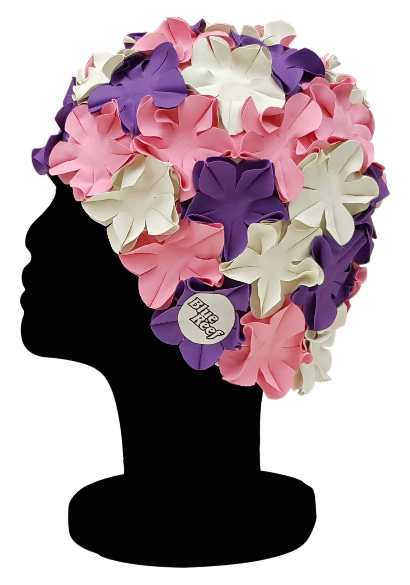 Blue Reef Isla Floral Ladies Classic Retro 3D Flower Petal 3 Colour Stylish Vintage Swimming Hat Swim Cap Generous One Size Adults (White/Pastel Pink/Purple)