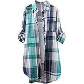 RoseSeek Women's Plaid Tunic Shirts Roll Up Long Sleeve Collared Button Down Blouses