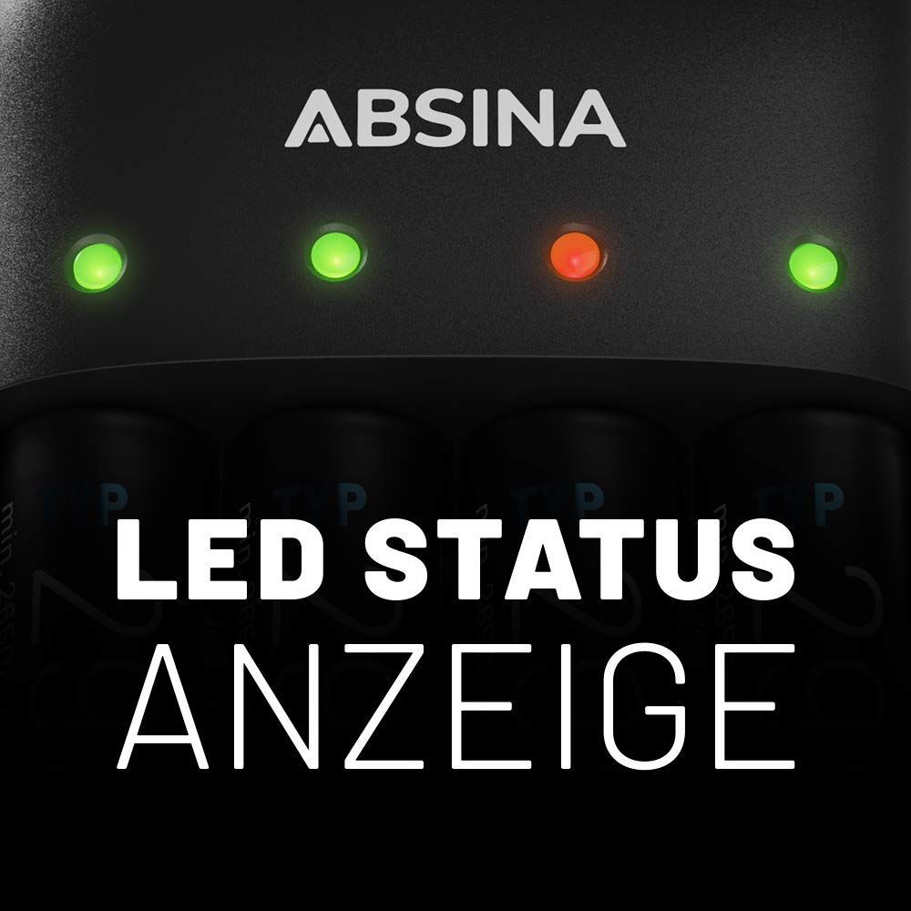 ABSINA Akku Ladegerät AA AAA & 9V - NiMH Batterieladegerät AAA AA & 9V Block 4-Fach für wiederaufladbare Batterien - Akkuladegerät - Battery Charger - Batterie Aufladegerät 6