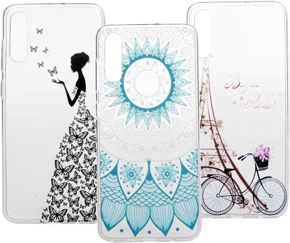 [3-Pack] Huawei Y9 2019 Case, Slim Shockproof Bumper Clear Floral Pattern Transparent Soft Flexible TPU Anti-Scratches Back Protective Phone Case Cover for Huawei Y9 2019 Butterfly Girl