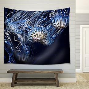Glowing Jellyfish Under Deep Ocean - Fabric Wall Tapestry Home Decor - 51x60 inches