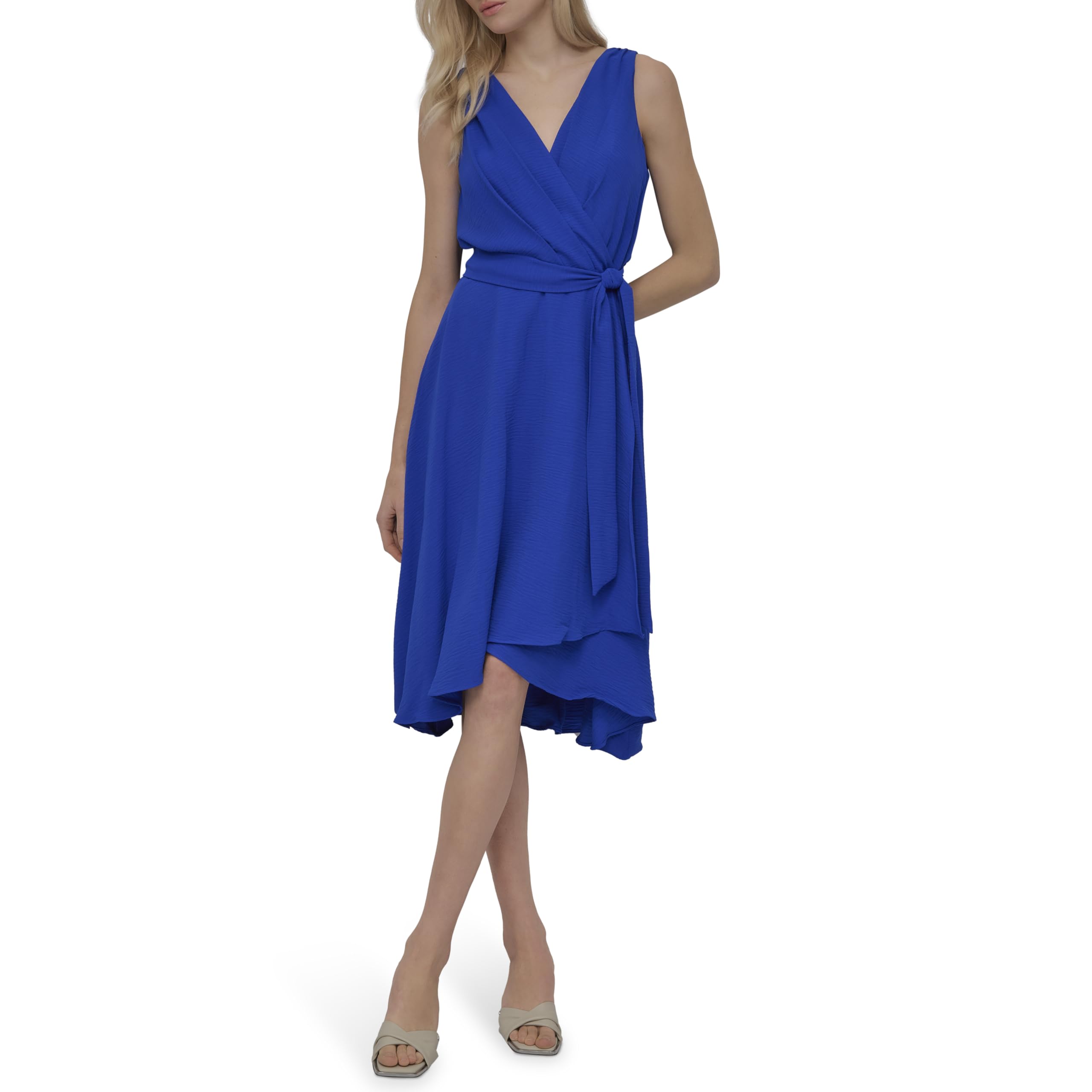 DKNY Women’s Sleeveless Surplice Tie Fit & Flare Midi Dress, Cosmic Blue
