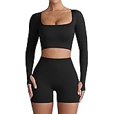 Niipty Two Piece Workout Set for Women Long Sleeve Top Matching High Waist Scrunch Butt Shorts Gym Sets Yoga Outfits