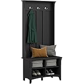 Bush Home Salinas Hall Tree with Shoe Storage Bench in Vintage Black, Multi-Purpose Home Organizer, Entryway Solution with Se