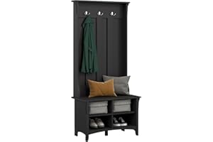 BUSH BUSINESS FURNITURE Bush Furniture Salinas Hall Tree with Shoe Storage Bench in Vintage Black, Multi-Purpose Home Organizer, Entryway Solution with Seating and Hooks