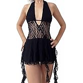 Backless Halter Deep V Neck Lace Mini Dress for Women Sexy Lacey Sheer Dresses