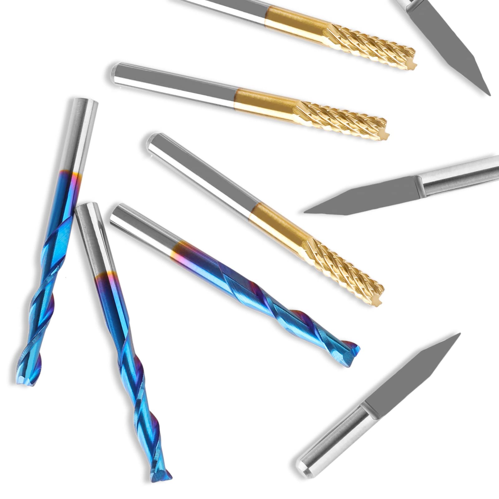 30pcs End Mills CNC Router Bits, 1/8'' Shank, Including 2-Flute Nano Blue Coat Flat Nose End Mill, Titanium Coat CNC Bits & 30° V-Groove Engraving Bits, MC30B