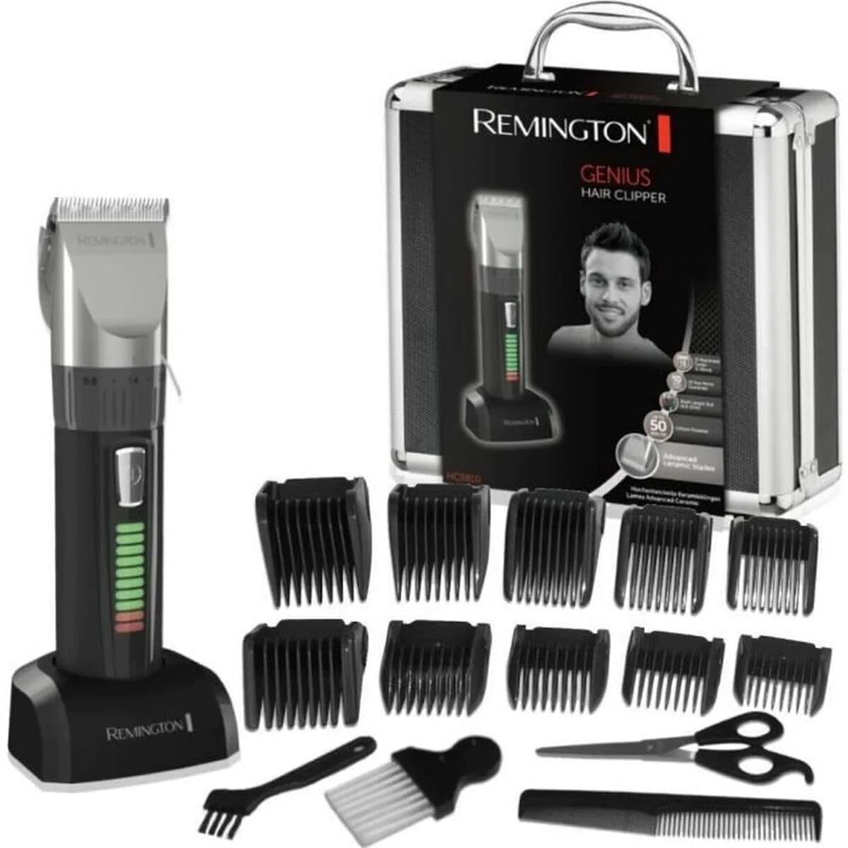 Remington Tondeuse Cheveux [Kit Professionnel] Genius (Moteur Résistant, Lames Céramique Auto-Affûtées, Secteur/Sans Fil-Batterie Lithium, 10 Sabots) Tondeuse Hc5810