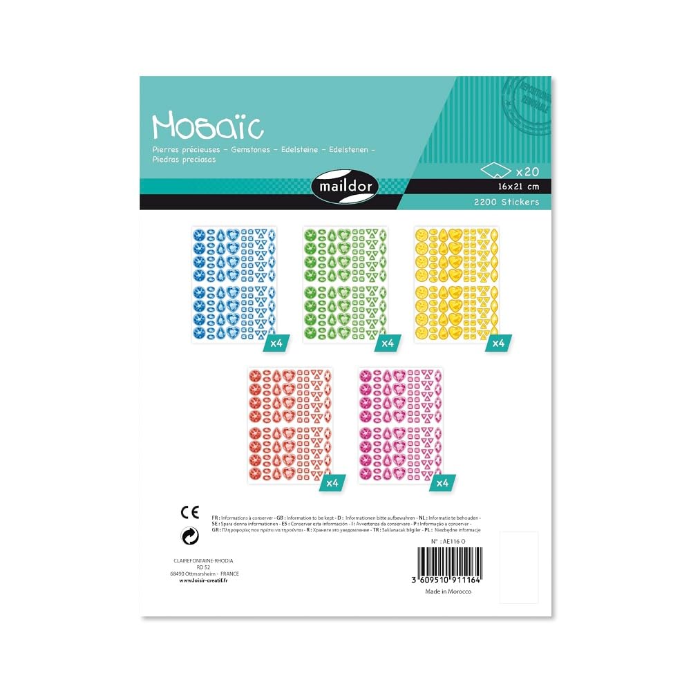 Maildor AE116O - MOSAIC STICKERS - 20 sheets - Dimensions: 16 cm x 21 cm - PRECIOUS STONE (2200 stickers) - Children's Creative and Leisure Activity - DIY
