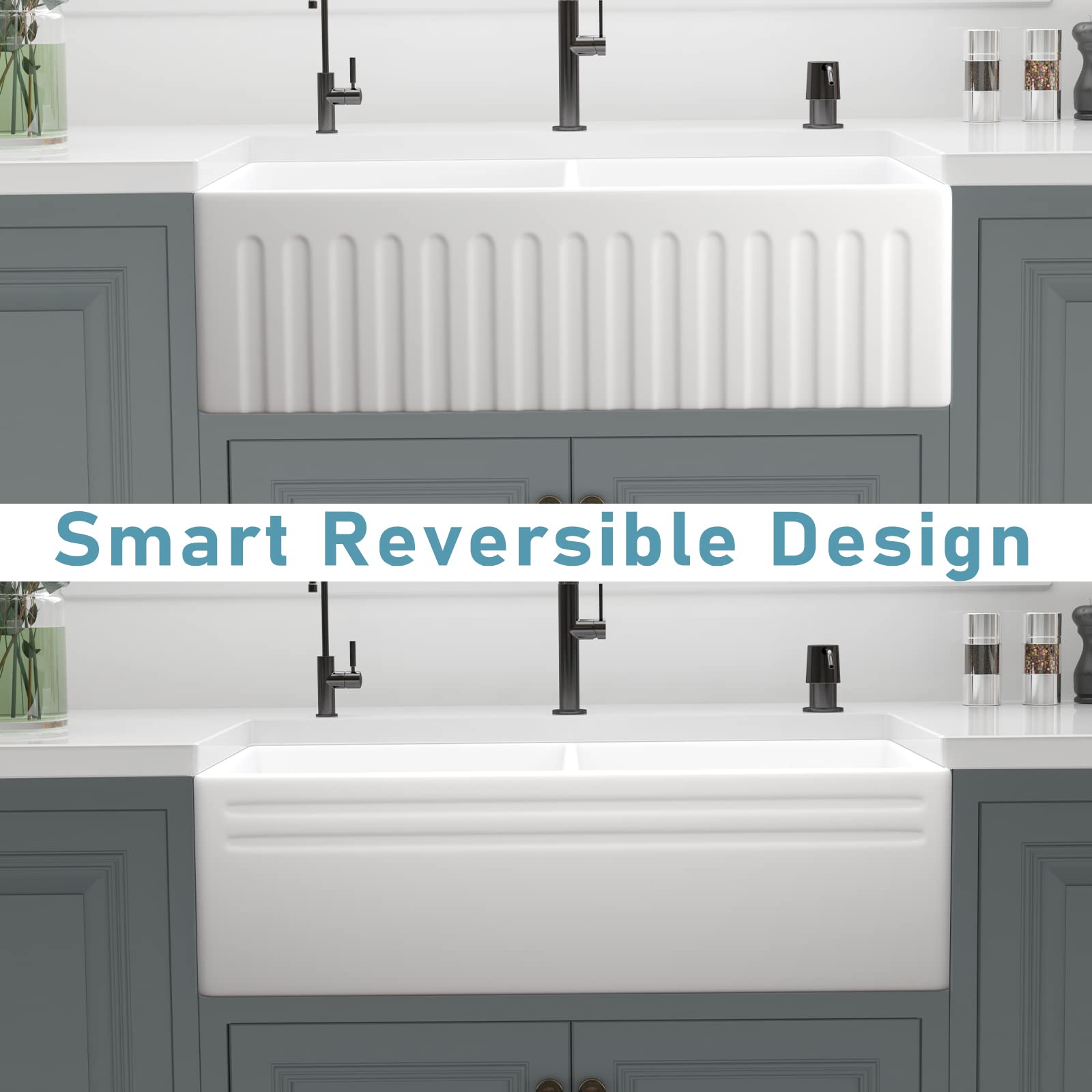 33 inch Fireclay Farmhouse Sink, HausinLuck Double Bowl 50/50 Apron Front Farm Kitchen Sink, Reversible White Farmhouse Ceramic Porcelain Kitchen Sink with 2 Stainless Steel Grids and 2 Drains