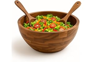 Large Wooden Salad Bowl Set 12.5 Inch, Handmade Acacia Wood Serving Bowl with Utensils, Durable Eco-Friendly Rustic Kitchen F