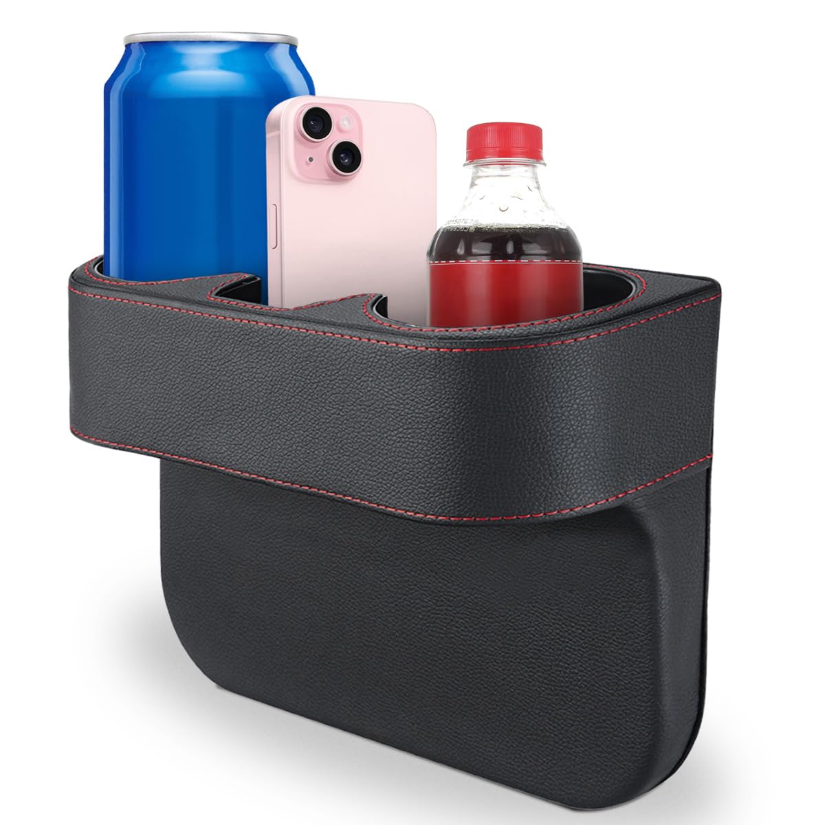 Photo 1 of Car Cup Holder, Auto Front Seat Organizer, Multifunctional Cup Drink Holders with PU Leather Cover, Gap Filler Storage Box Coin Bucket Console Side Pocket Cell Mobile Phone Holder (Black)