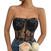 Culeze Women's Floral Lace Strapless Corset Top Sheer Sexy Mesh Crop Tube Top